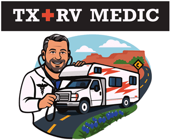Cartoon doctor with RV on winding road.