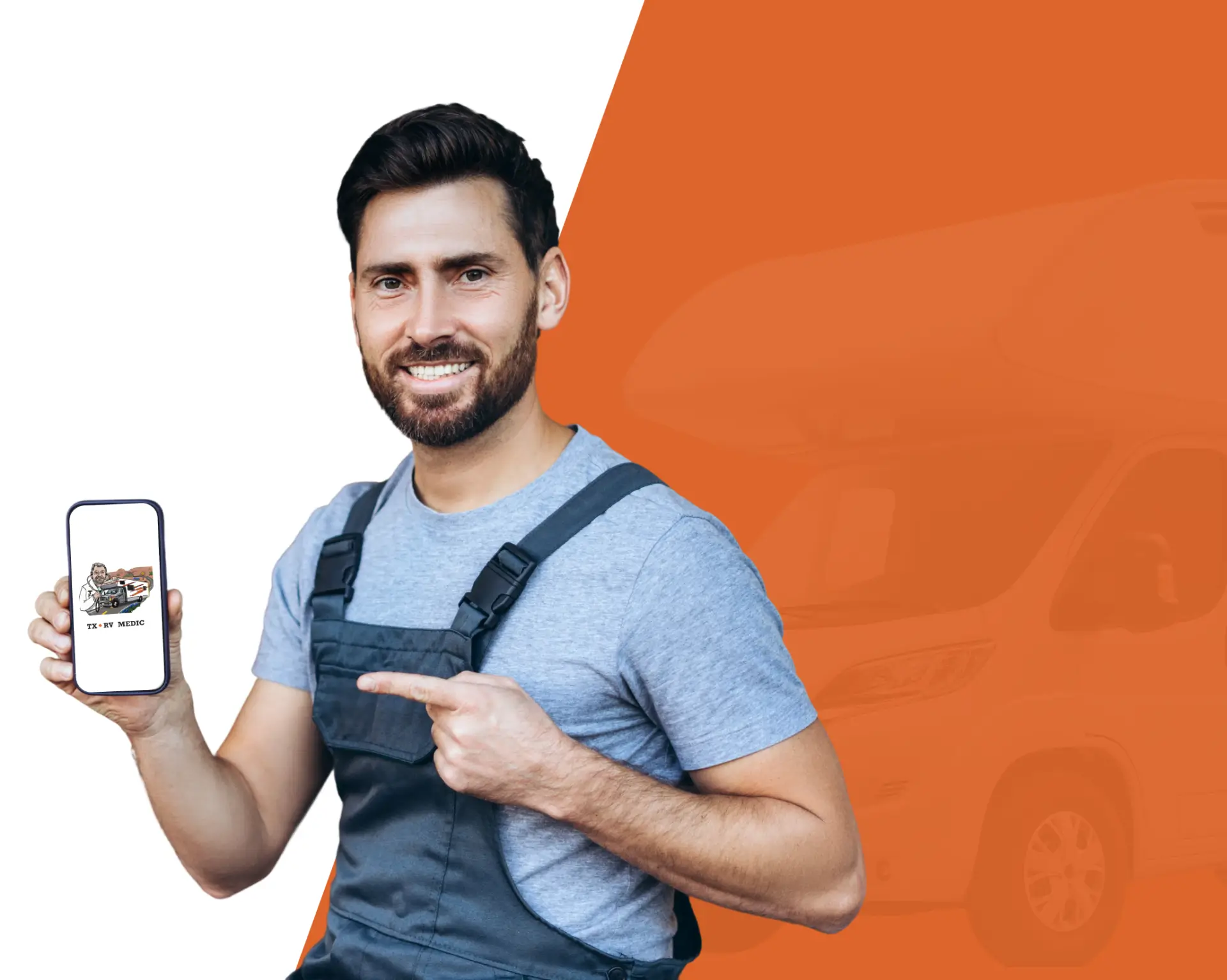 Smiling man in overalls holds smartphone