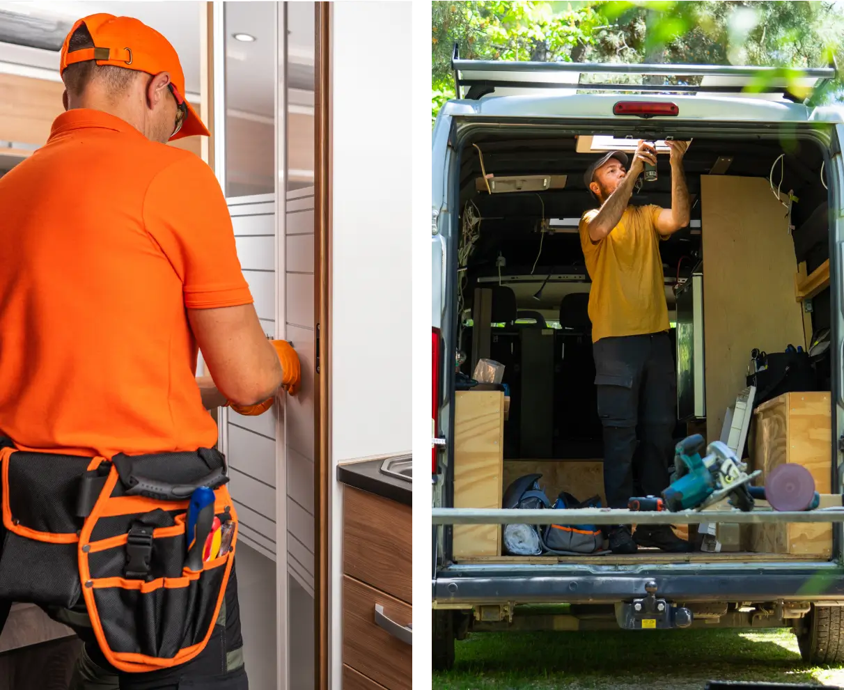 Handyman installing a cabinet door